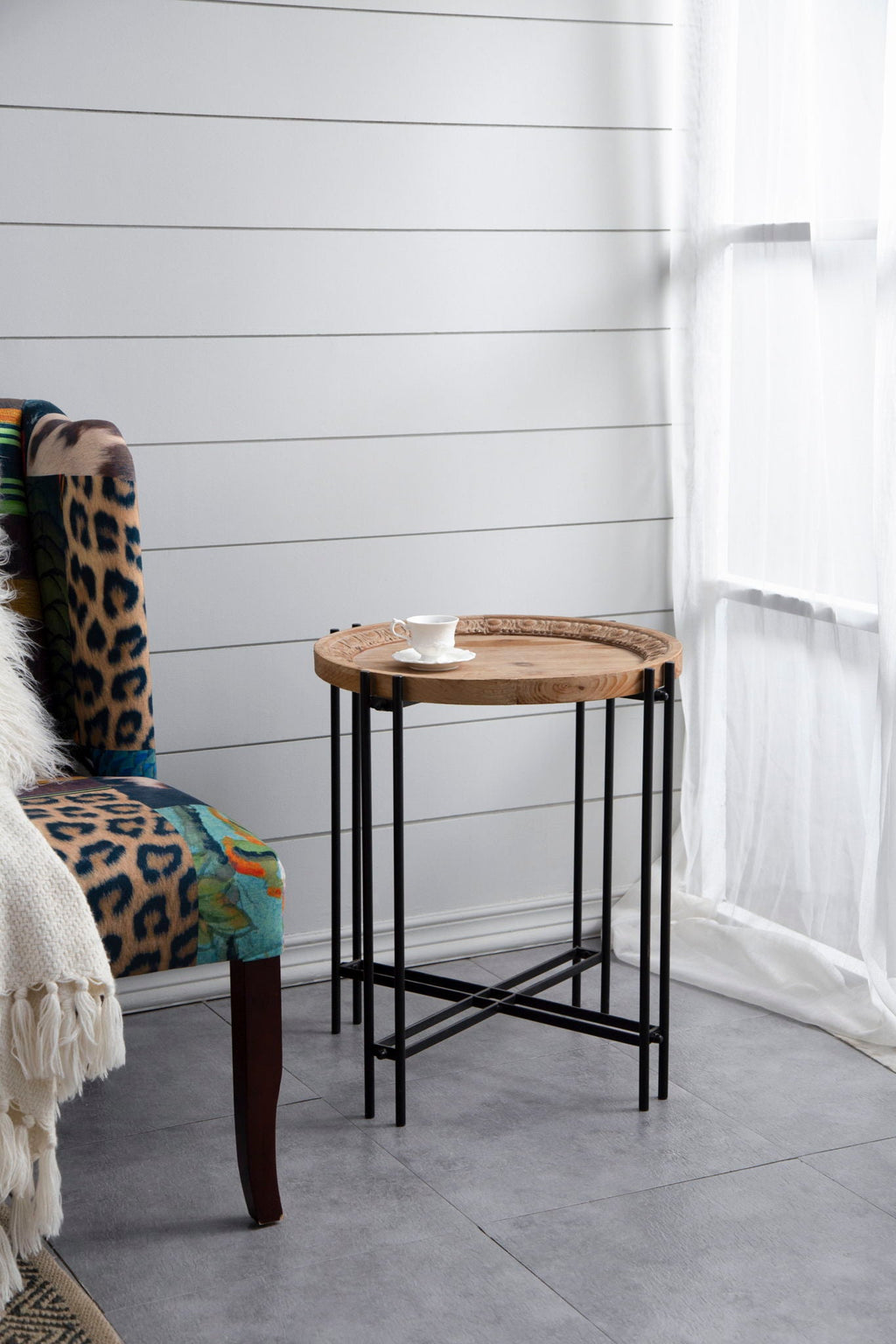 Round Side Table With Wood Top - Black Brown