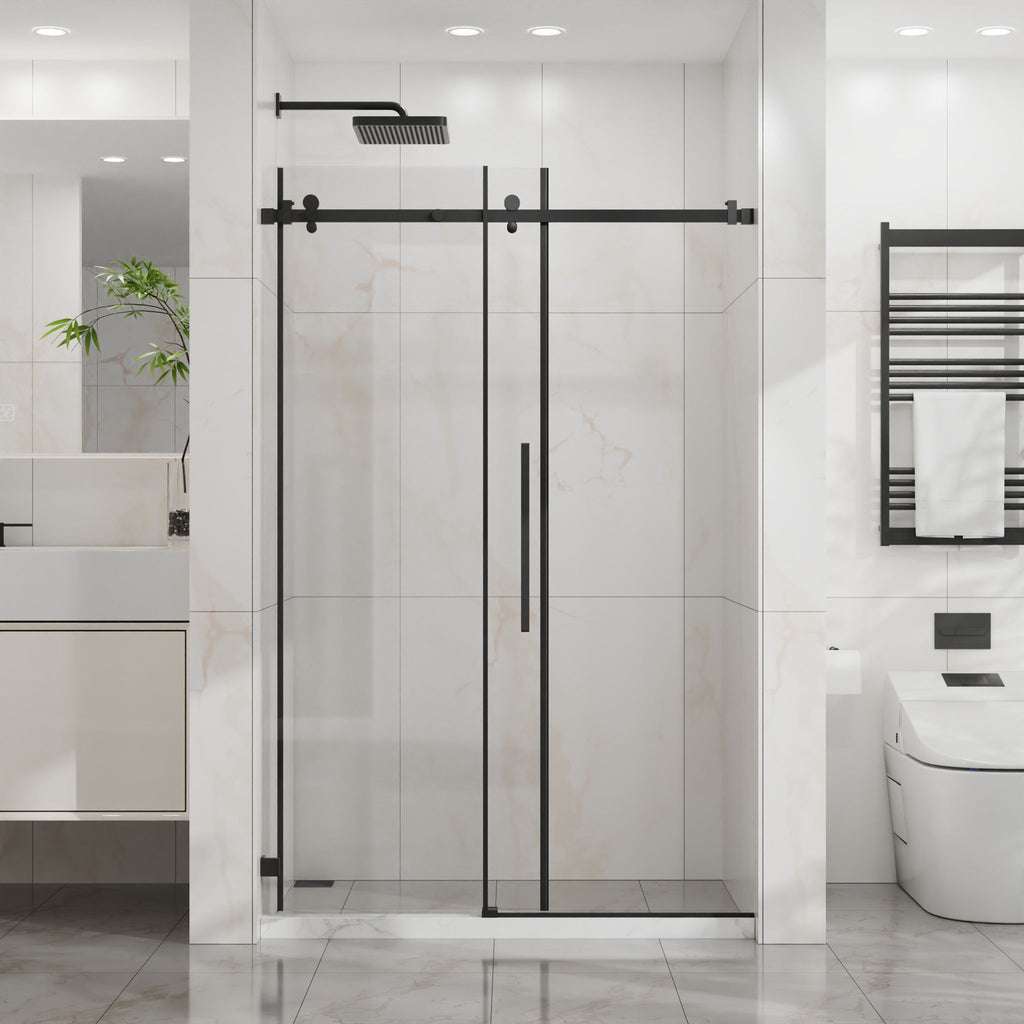 Frameless Tub Sliding Shower Door with Easy Clean Coating - Black or Pearl Silver