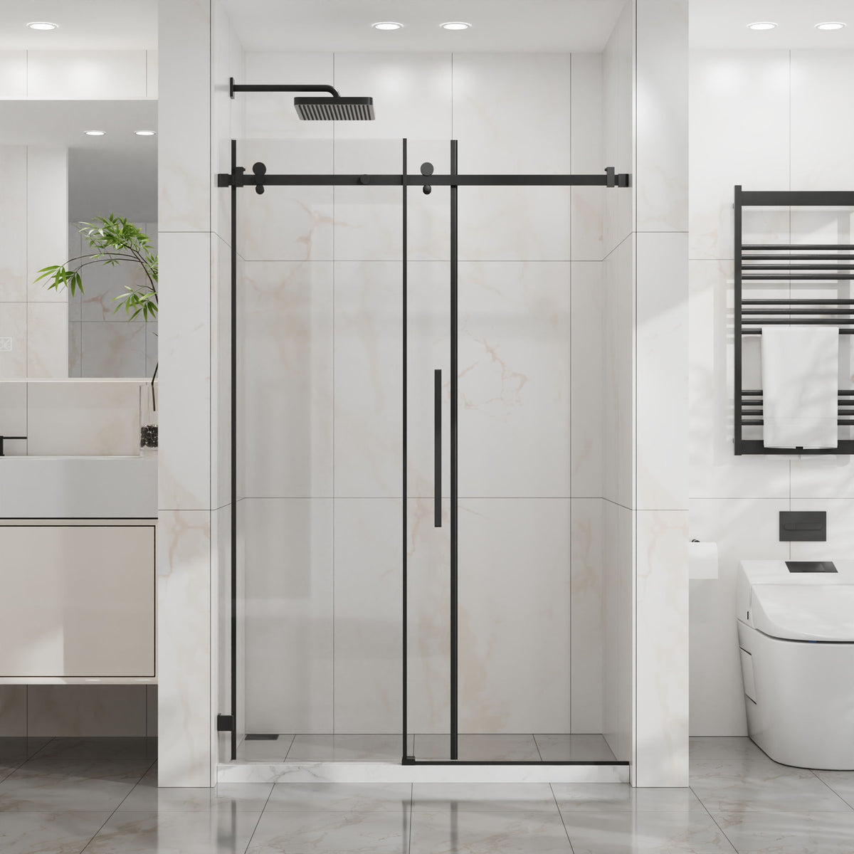 Frameless Tub Sliding Shower Door with Easy Clean Coating - Black or Pearl Silver