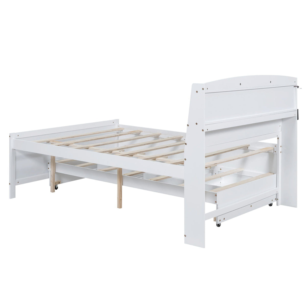 Full Size Platform Bed with Storage LED Headboard and Twin Trundle - White