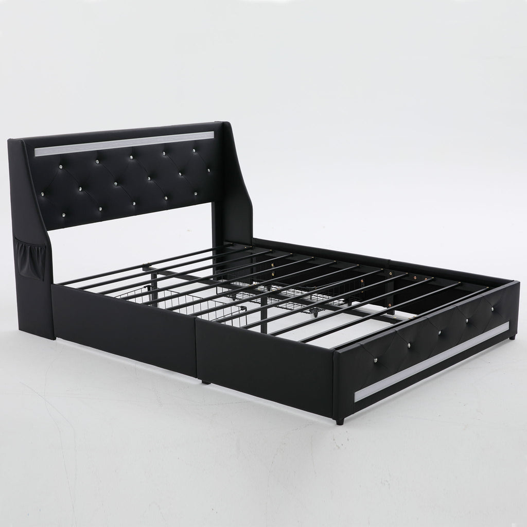 Wingback Upholstered Bed Frame with LED Lights and Charging Station - Black or White