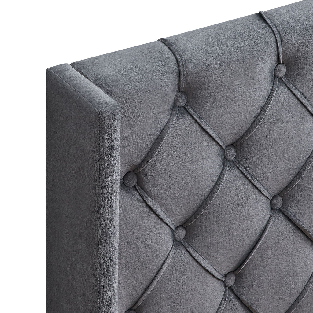 Gray Velvet Upholstered Queen Platform Bed with Wingback and Wood Slat Support