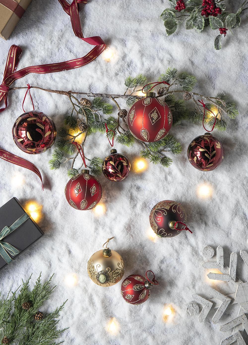 Red Glass Christmas Ball Ornaments with Glitter Detail - Red