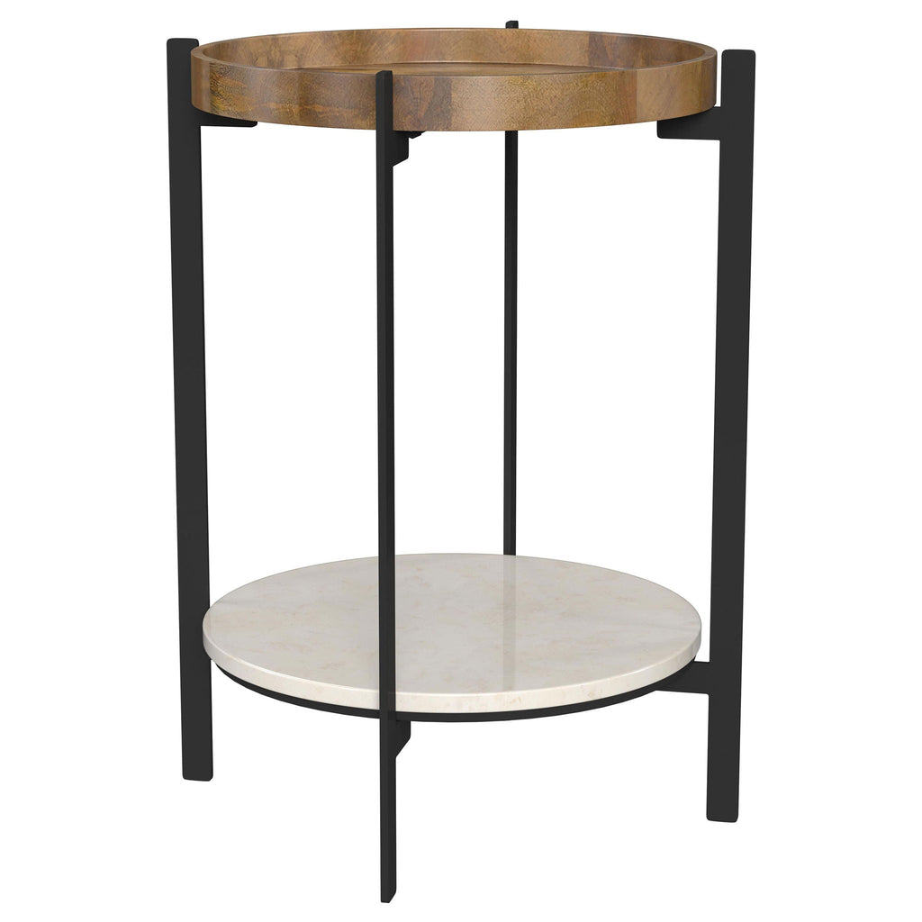 Natural Mango Wood Round End Table with White Marble Shelf - Natural