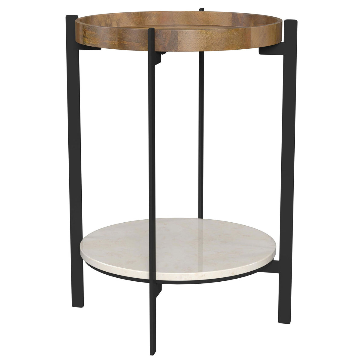 Natural Mango Wood Round End Table with White Marble Shelf - Natural