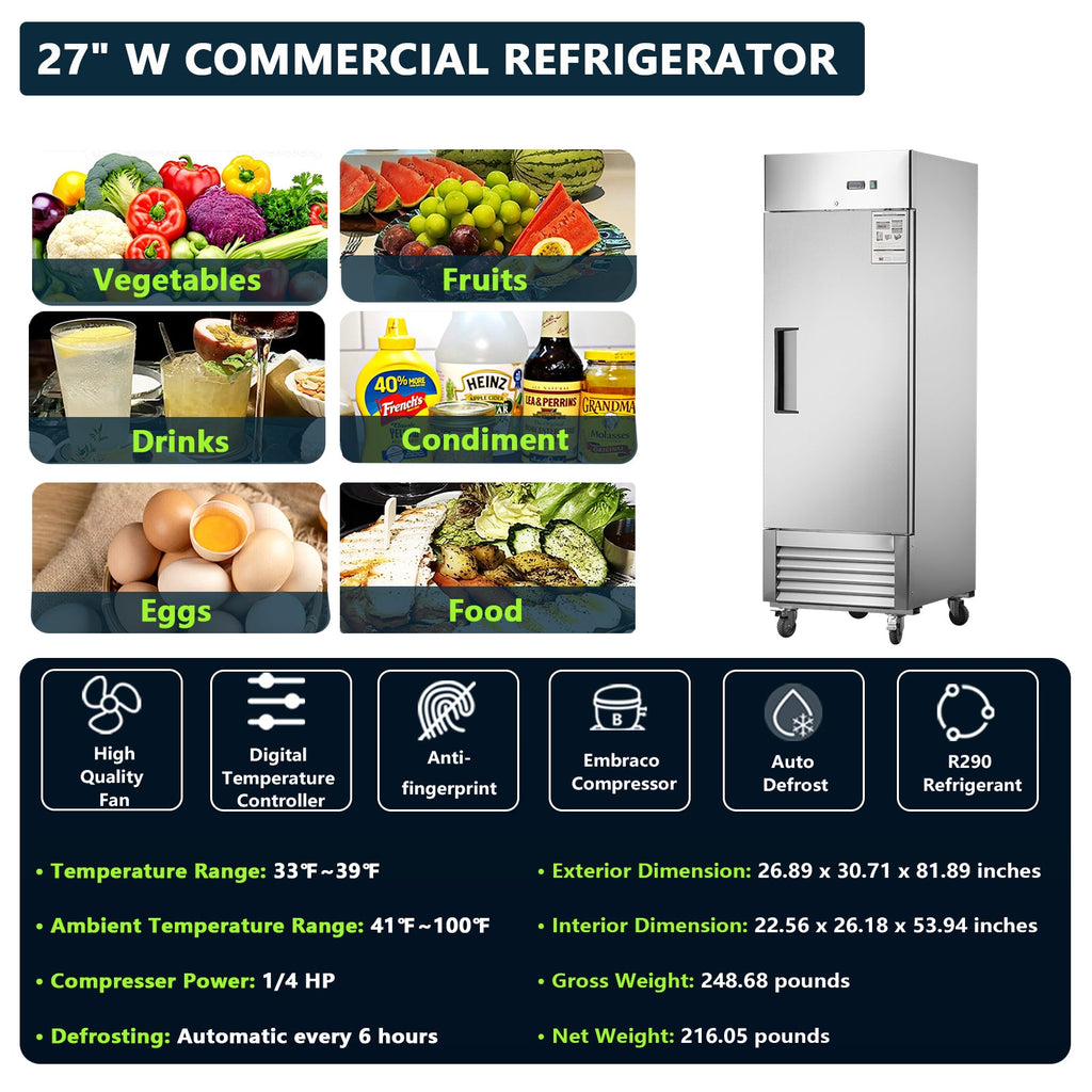 27" Commercial Refrigerator with Stainless Steel Construction - Solid Door