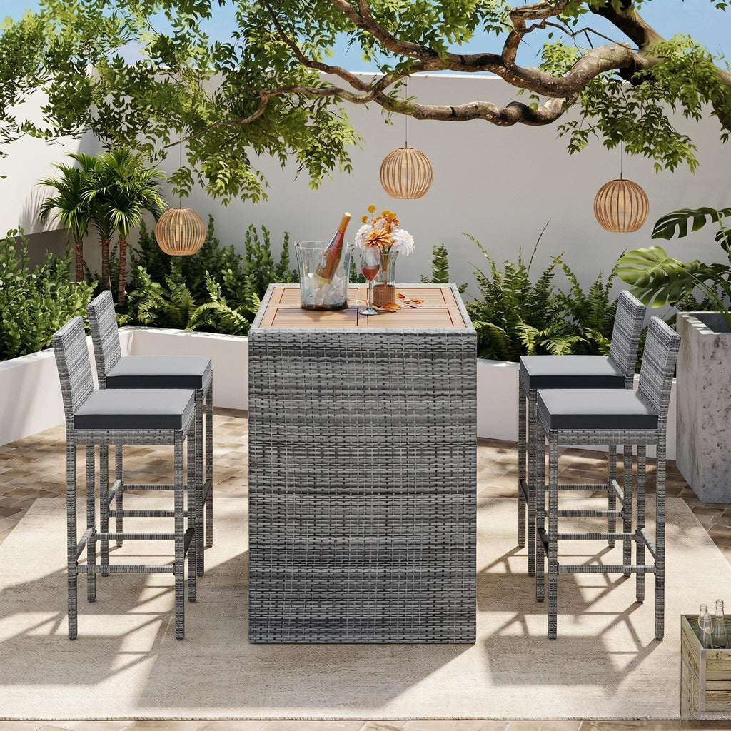 5-Piece Outdoor Patio Wicker Bar Set with Acacia Wood Table