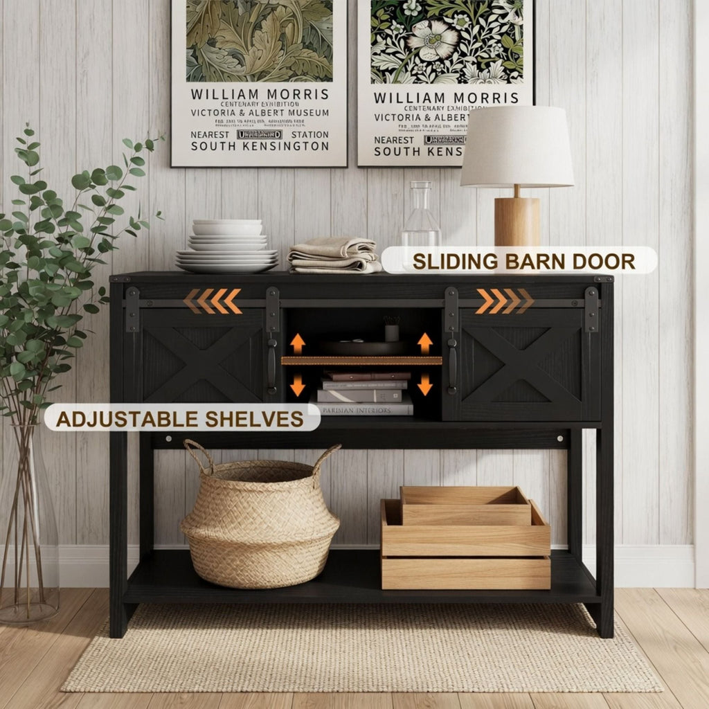 Farmhouse Entryway Table with Sliding Barn Door - Gray, Dark Gray, White, Black