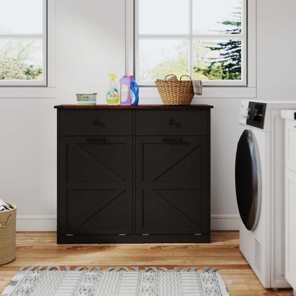 Double Tilt Out Trash Cabinet with Hideaway Drawer - Barn Door Style