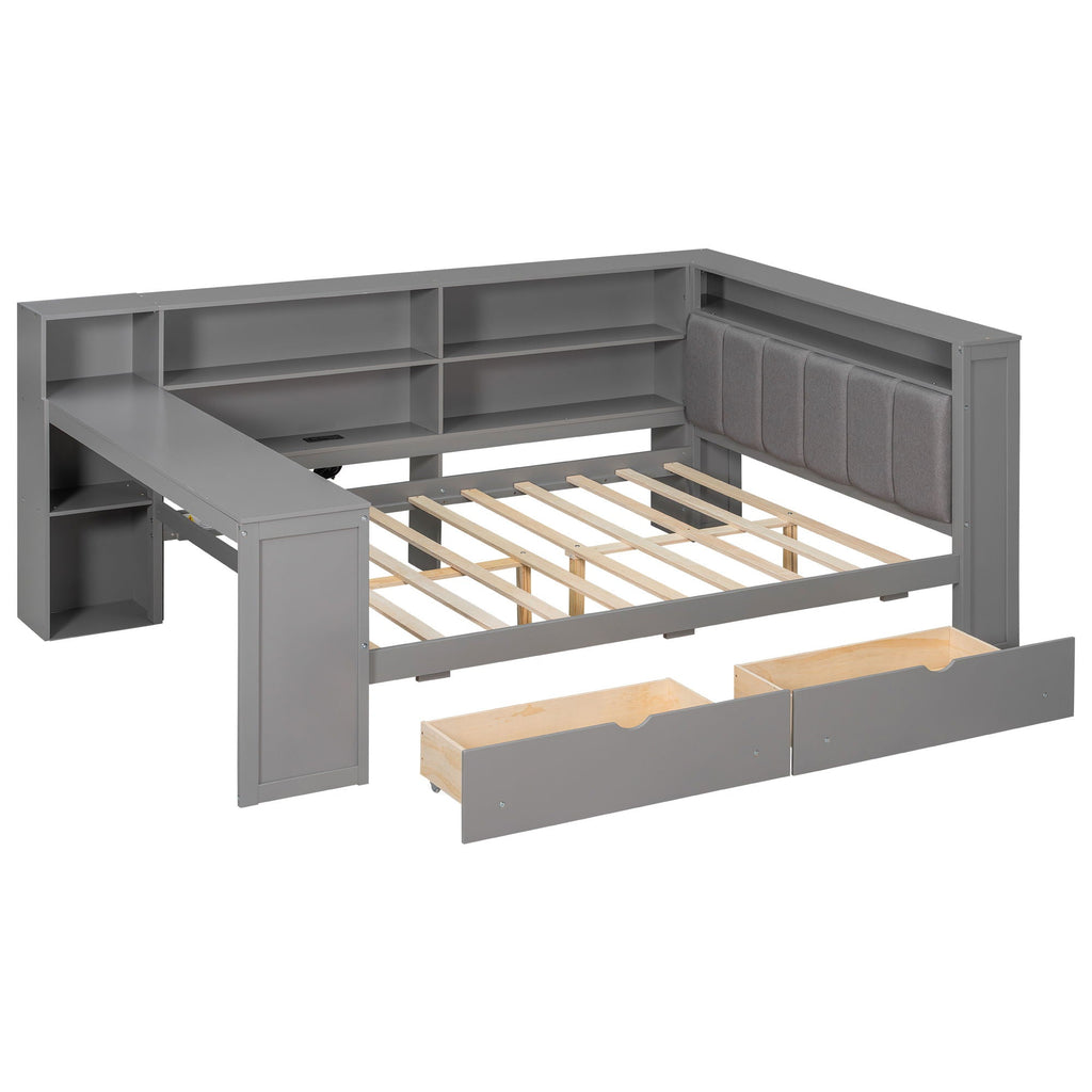 Platform Storage Bed with Shelves, Desk, Charging Station & LED - Full Size