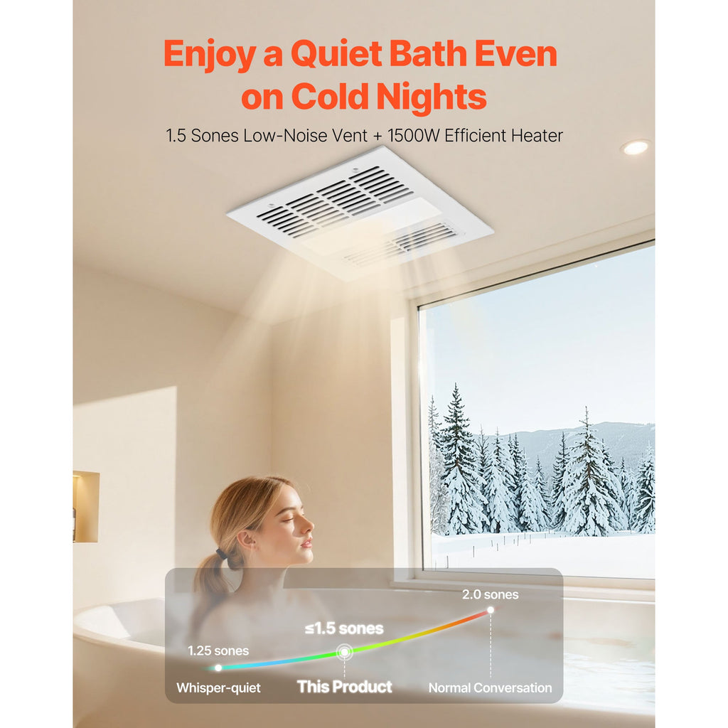 Bathroom Exhaust Fan with LED Light & Heater – Quiet DC Motor - White