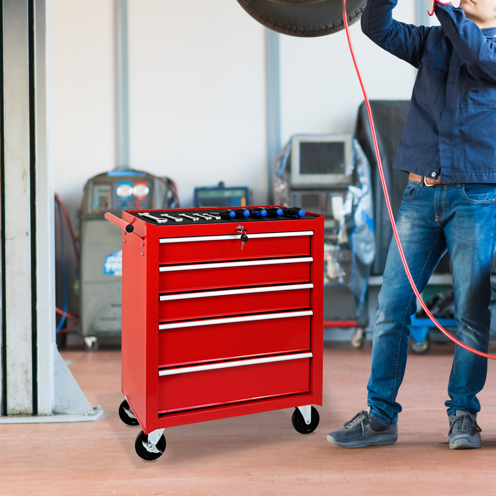 5-Drawer Rolling Tool Chest with Lock & Key - Red