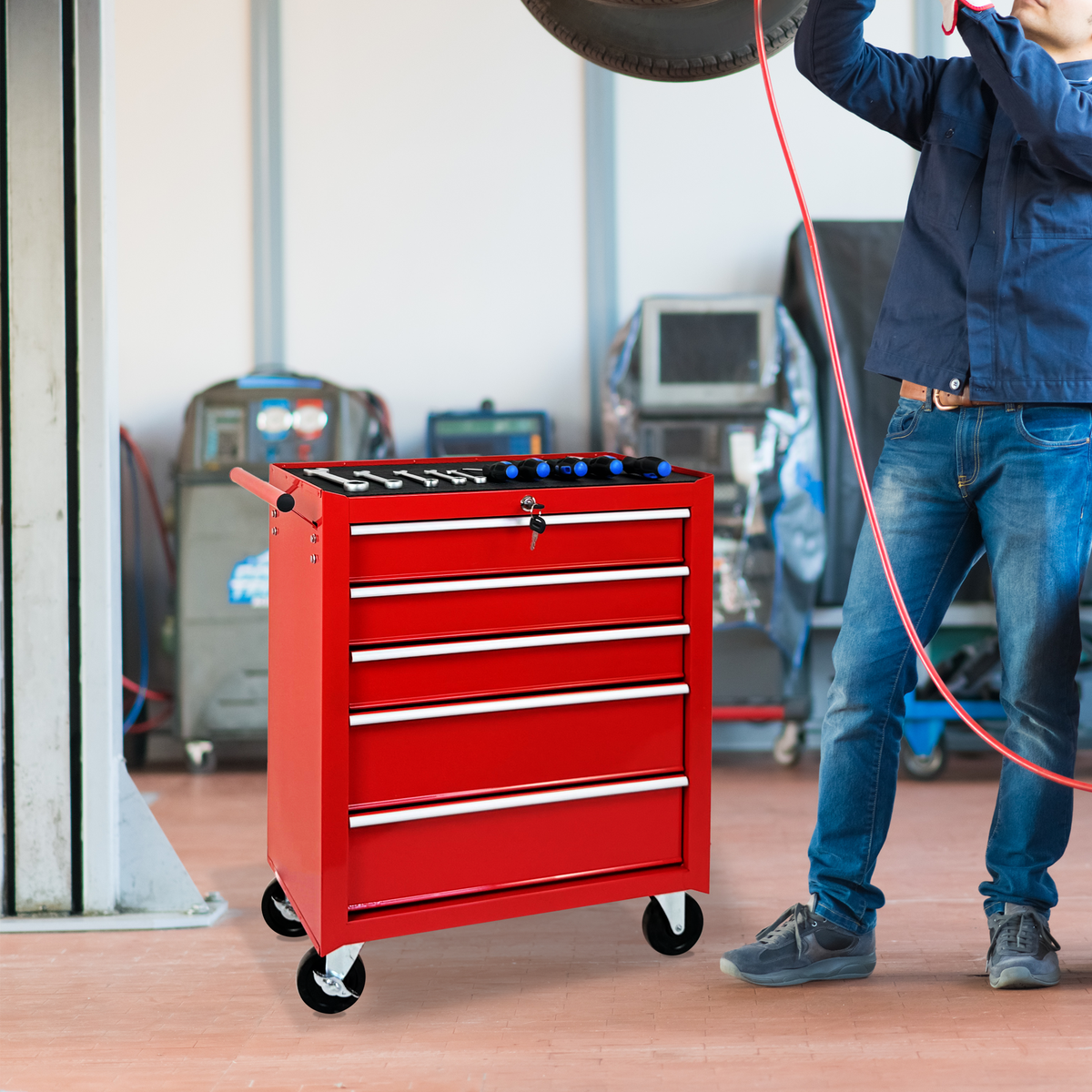 5-Drawer Rolling Tool Chest with Lock & Key - Red