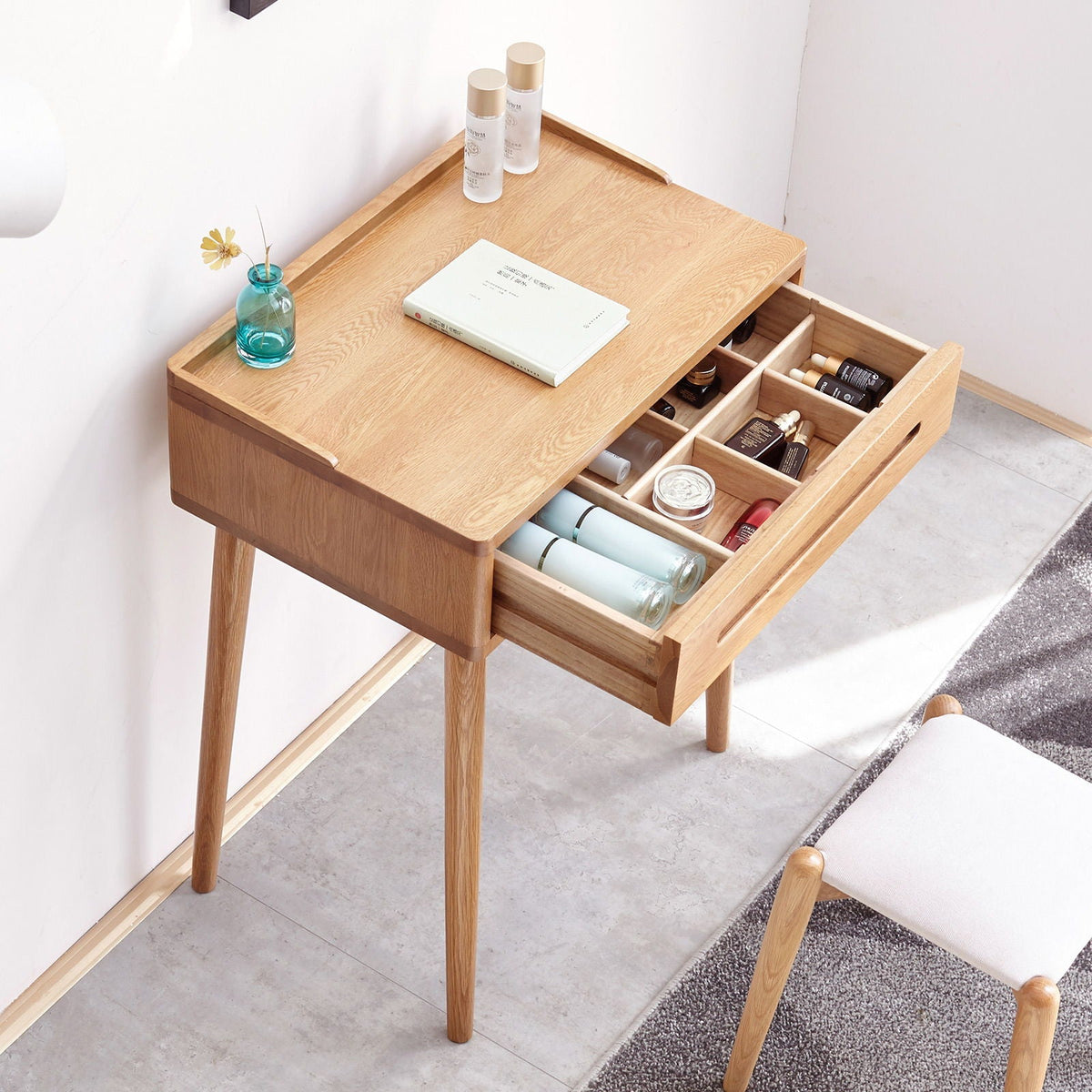 Oak Vanity Desk with Storage Drawer - Light Brown