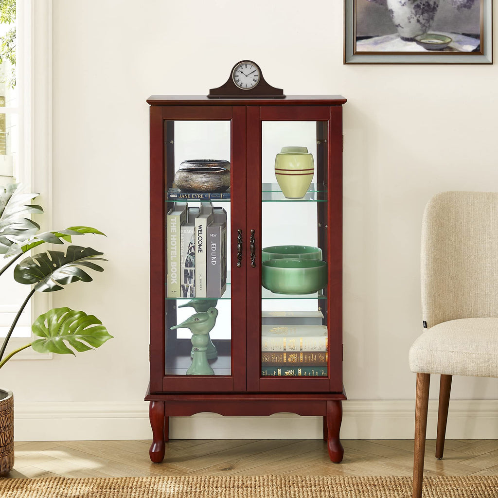 Lighted Curio Display Cabinet with Adjustable Shelves - Light Brown, Dark Brown, Dark Red