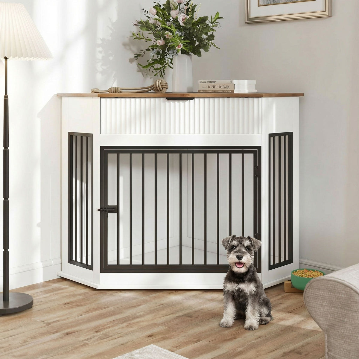 Corner Dog Crate with Fluted Drawer - White or Dark Brown