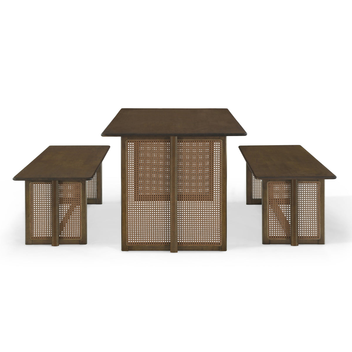 Walnut Rubber Wood Dining Set with Plastic Rattan Accents - Walnut