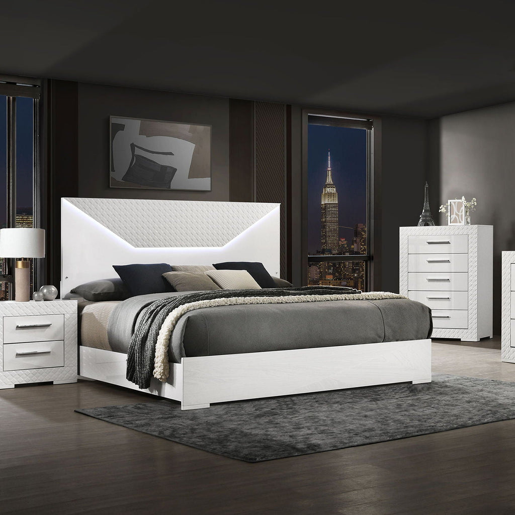 Pierce Panel Bed with LED Headboard - High Gloss Finish - White or Dark Gray
