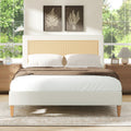 Upholstered Cane Back Platform Bed with Resin Wicker - White