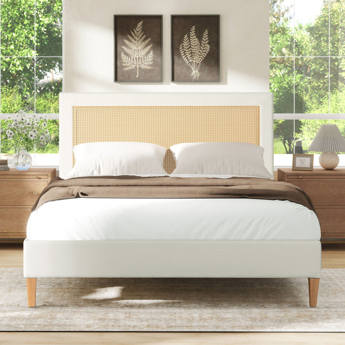 Upholstered Cane Back Platform Bed with Resin Wicker - White