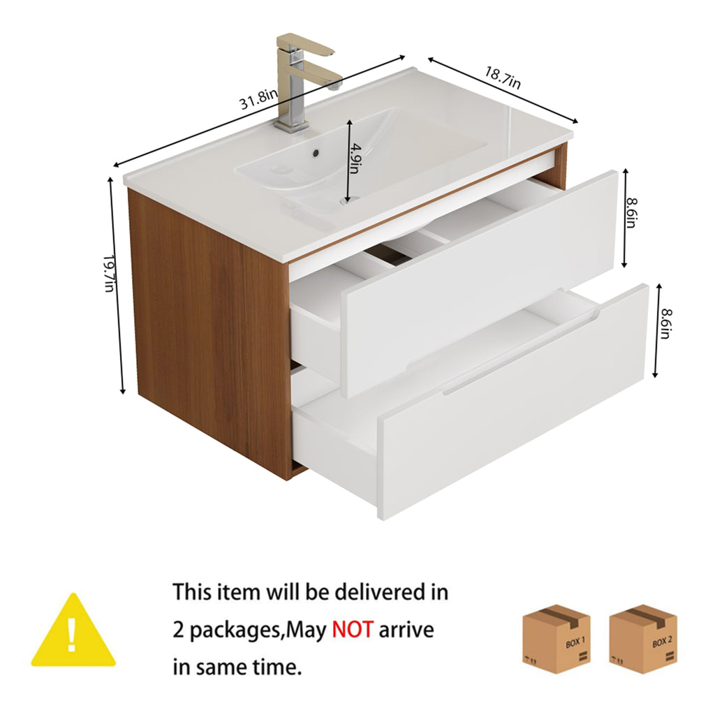 32-Inch Wall-Mounted Bathroom Vanity with Ceramic Sink Combo - Walnut/White