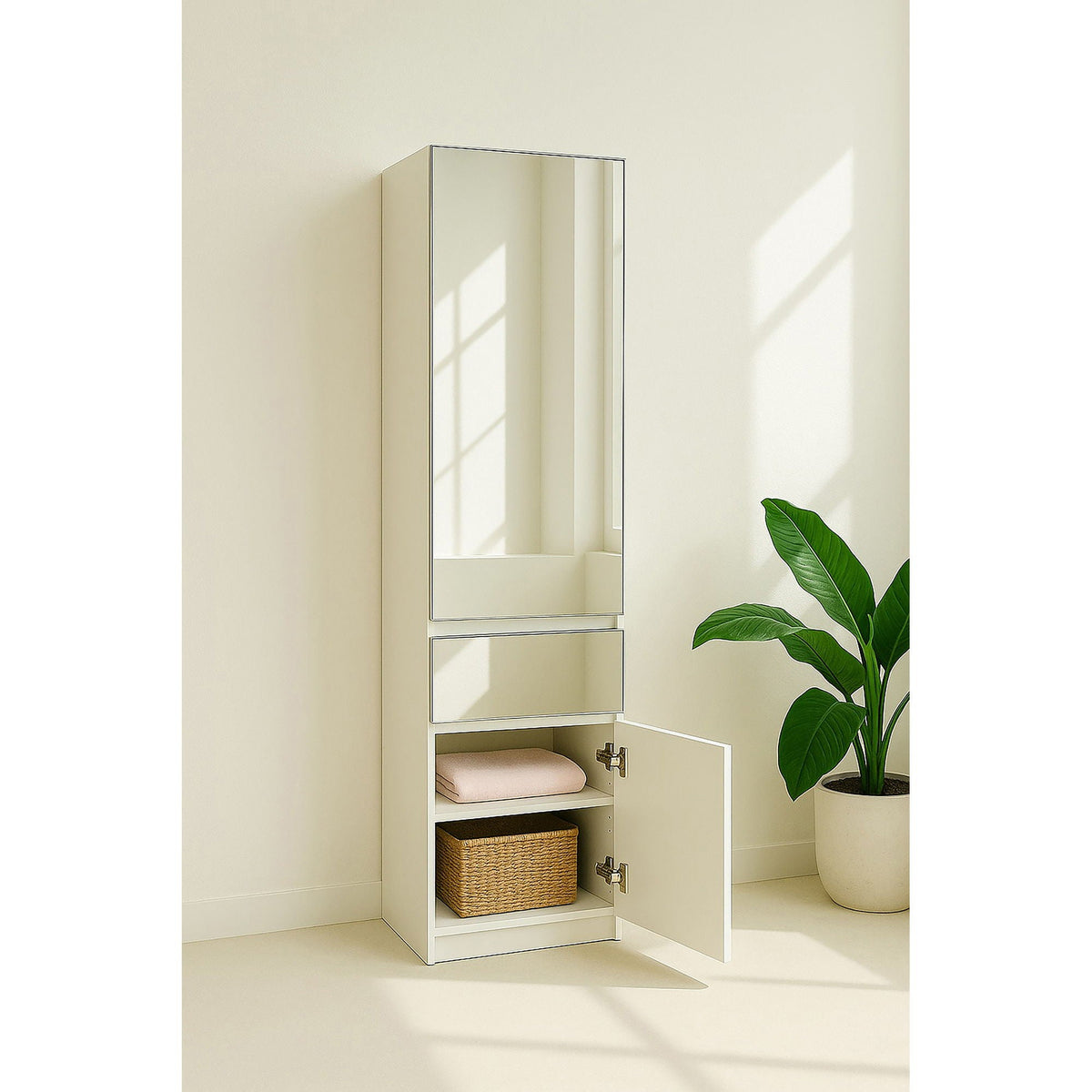 Slim Modular Closet Cabinet with Mirror - White