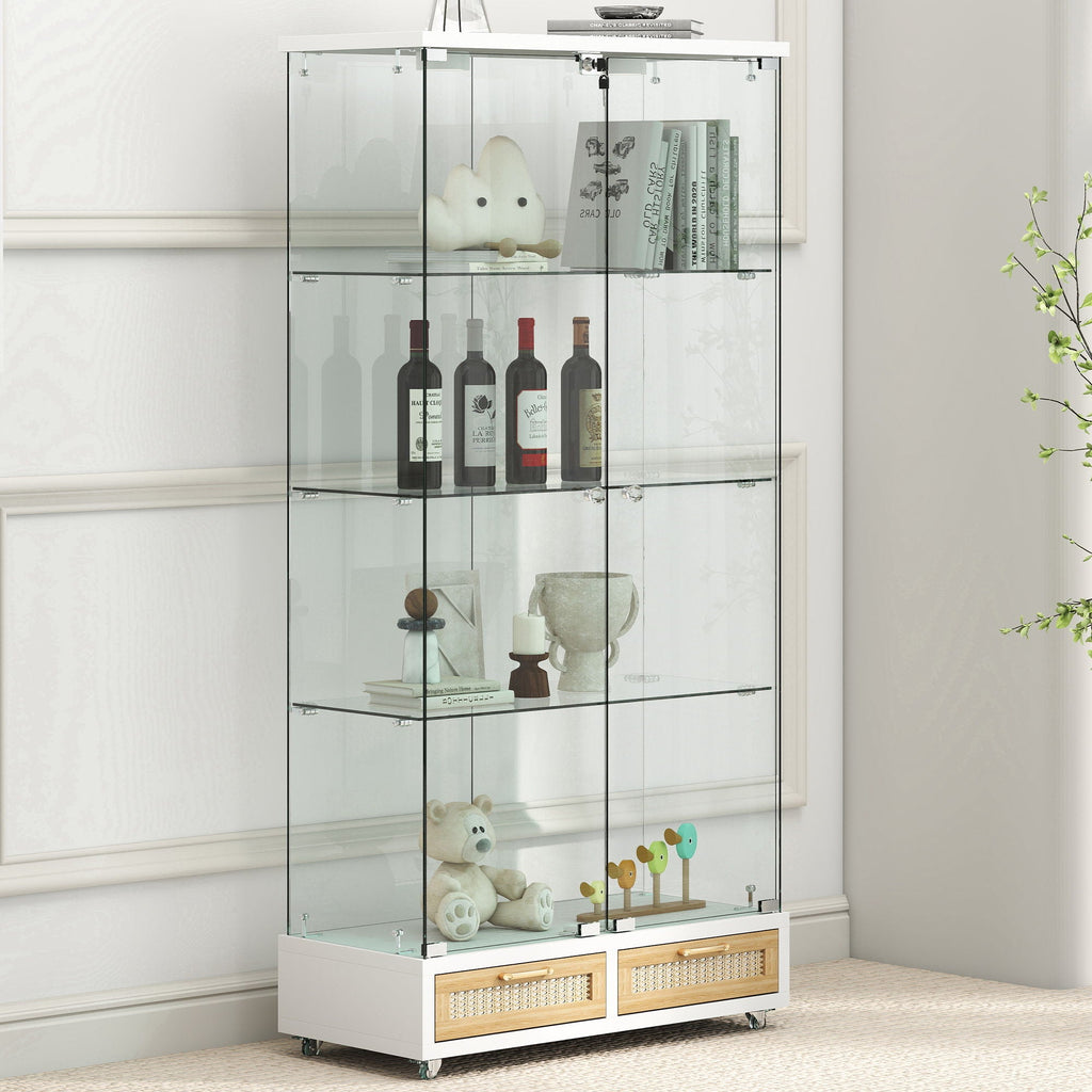 Glass Display Cabinet with LED Lights and Large Drawers - Natural / White