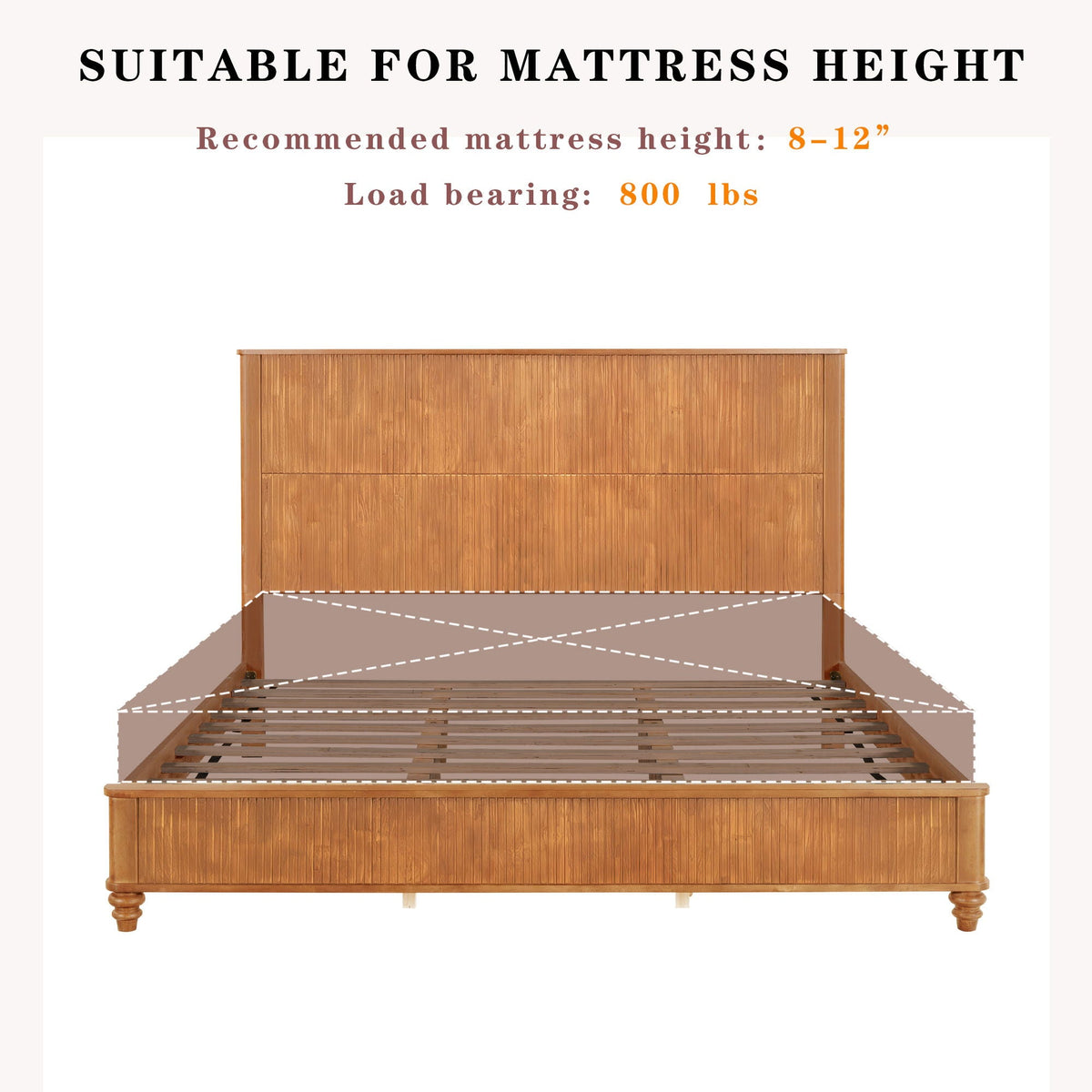 Platform Bed Frame with Tall Headboard - Solid Wood, Queen & King Sizes