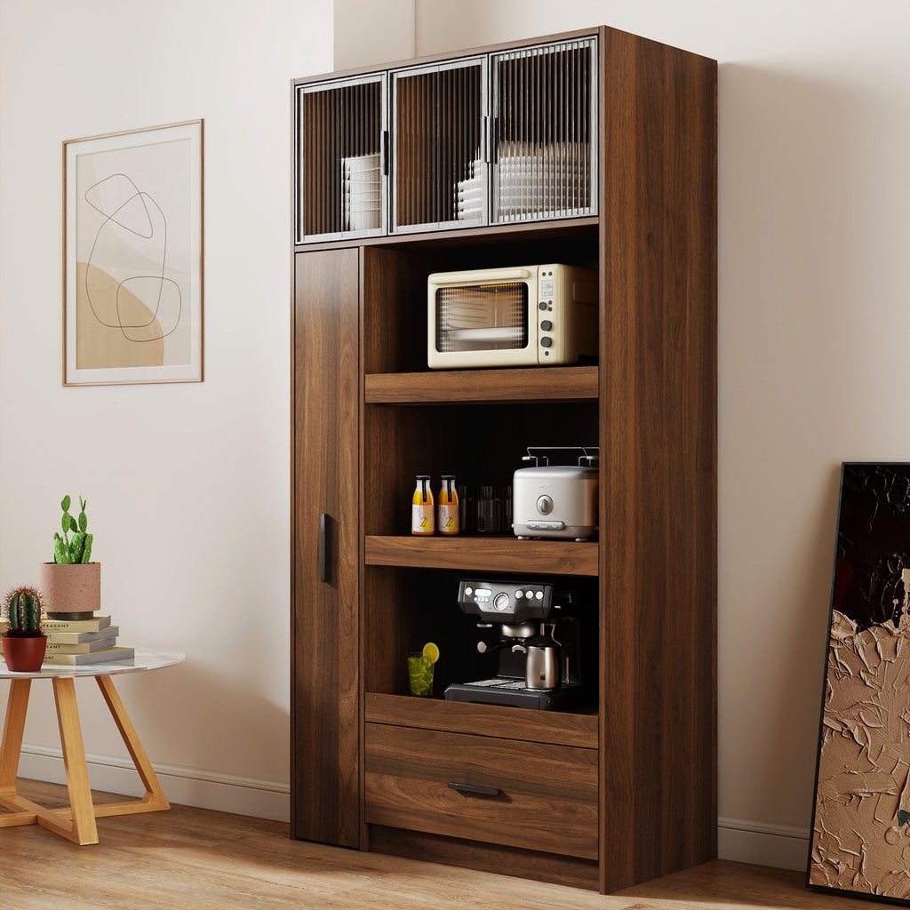 Tall Kitchen Pantry Cabinet with Multi-Tier Pull-Out Shelf - Walnut