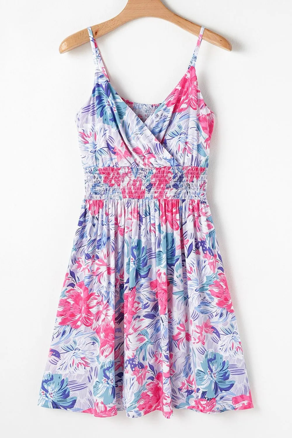 Floral Spaghetti Strap Surplice Neck Shirred Waist Mini Dress
