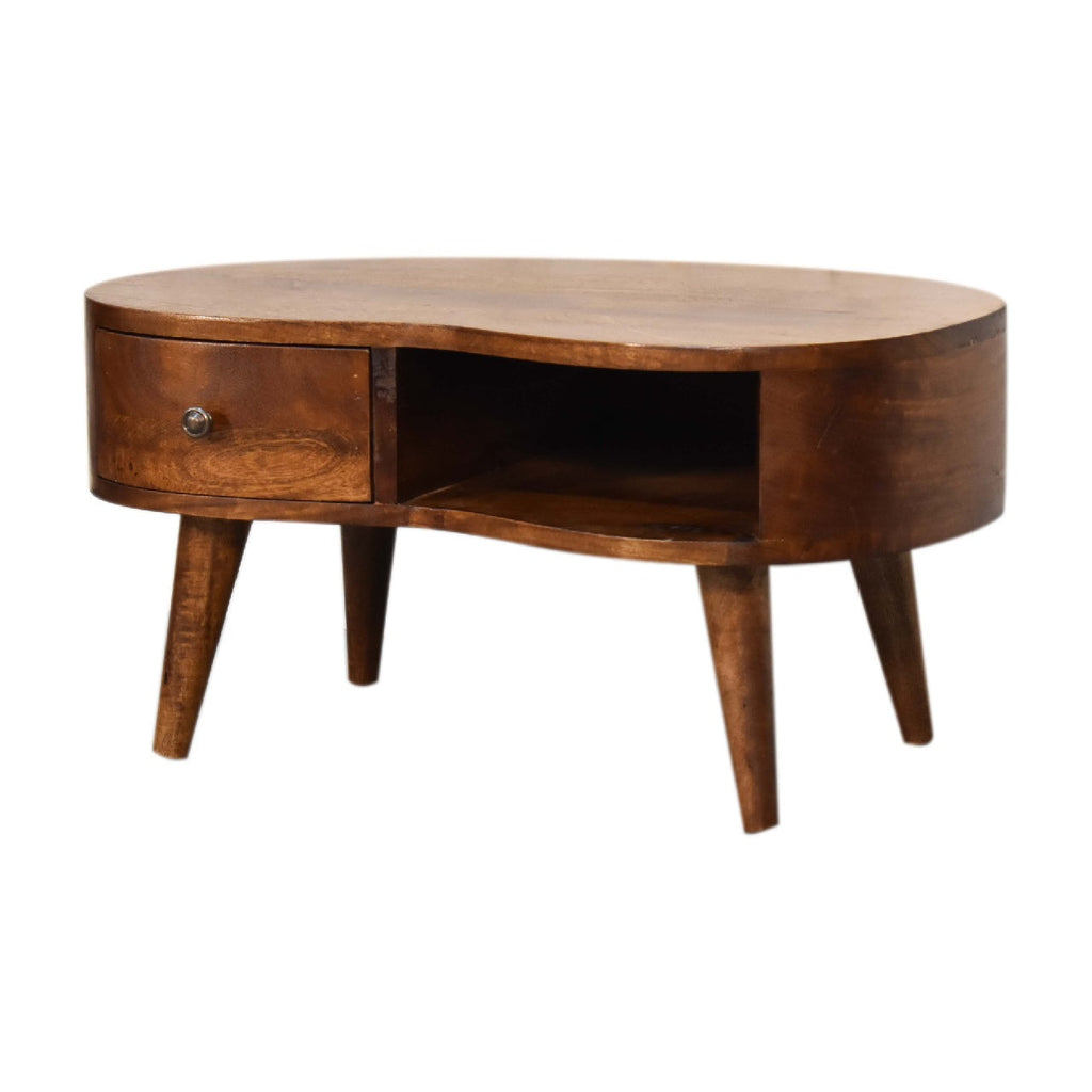 Solid Wood Mini Chestnut Wave Coffee Table with Drawer - Chestnut Finish