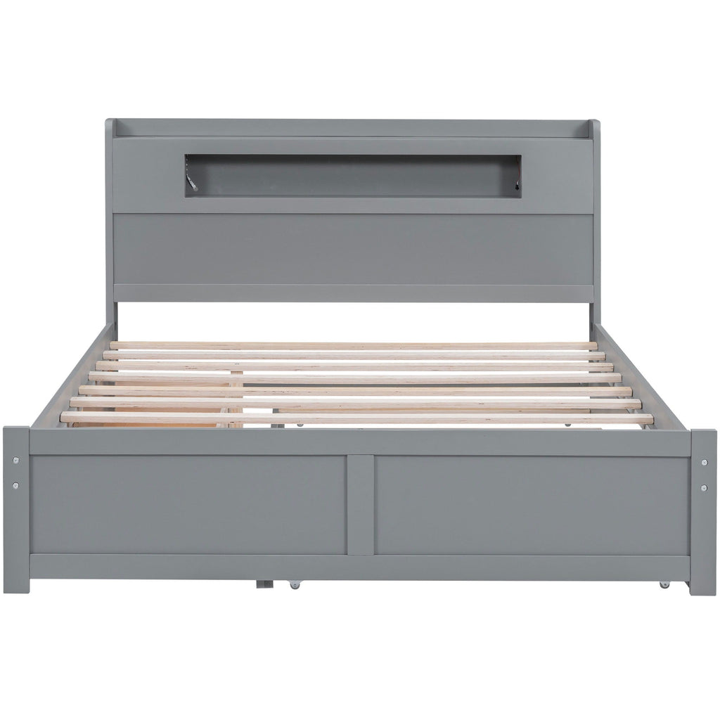 Storage Platform Bed with LED Lights, 2 Drawers and Trundle - Queen