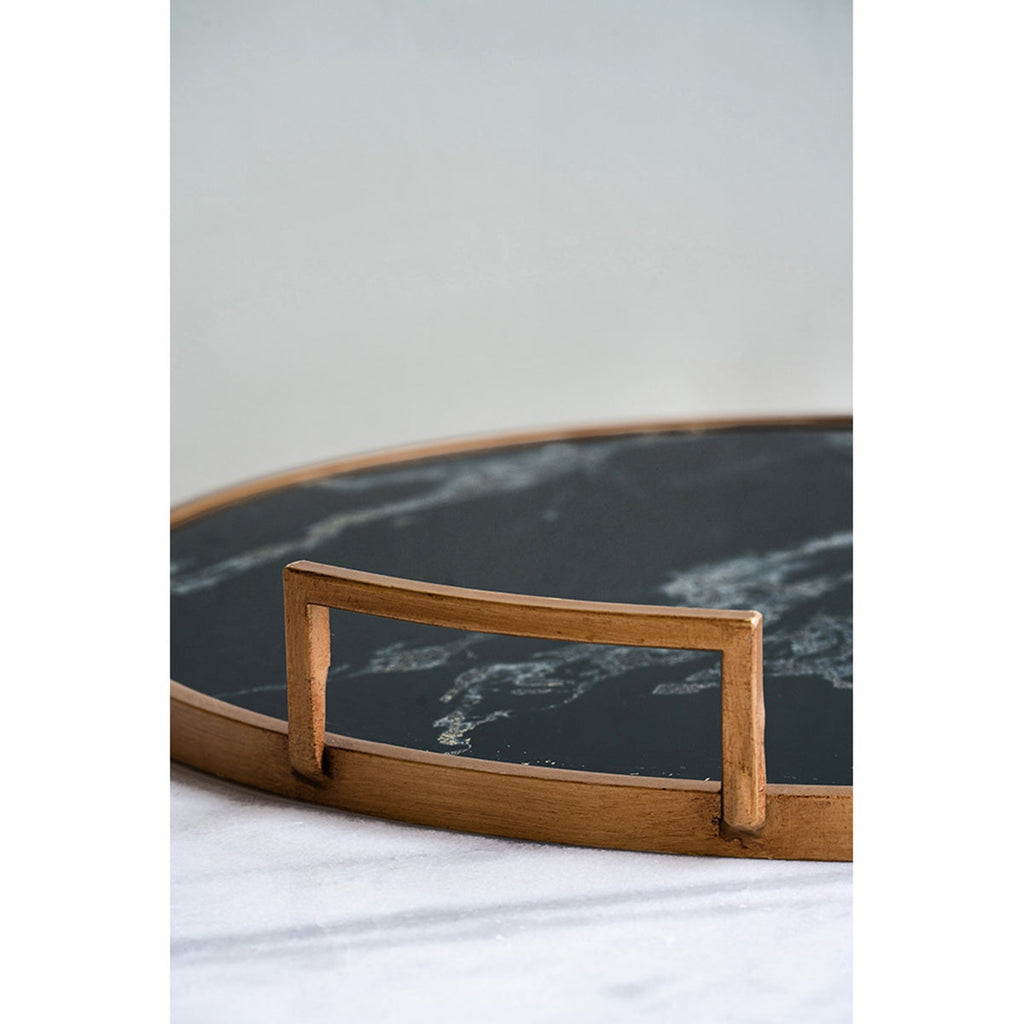 Round Decorative Tray Set with Abstract Marbled Design and Gold Handles - Black & White
