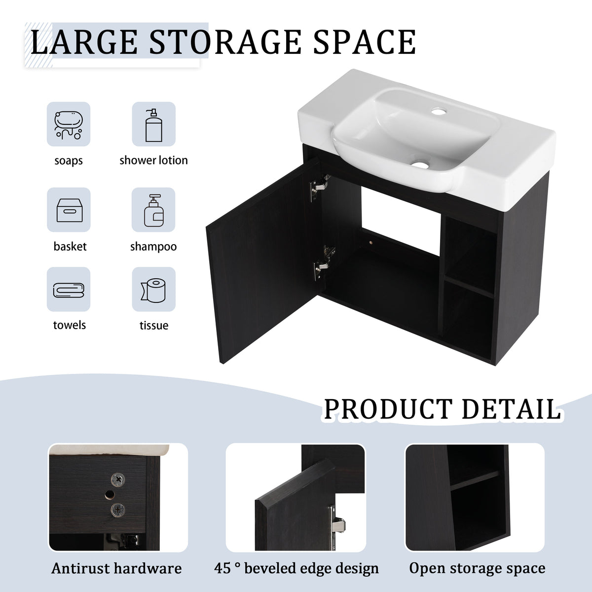 24" Wall-Mounted Bathroom Vanity with Ceramic Sink and Soft-Close Hinges