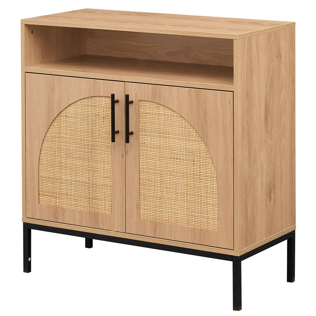 32" Sideboard Buffet Cabinet with 2 Natural Rattan Decorated Doors and Adjustable Shelf