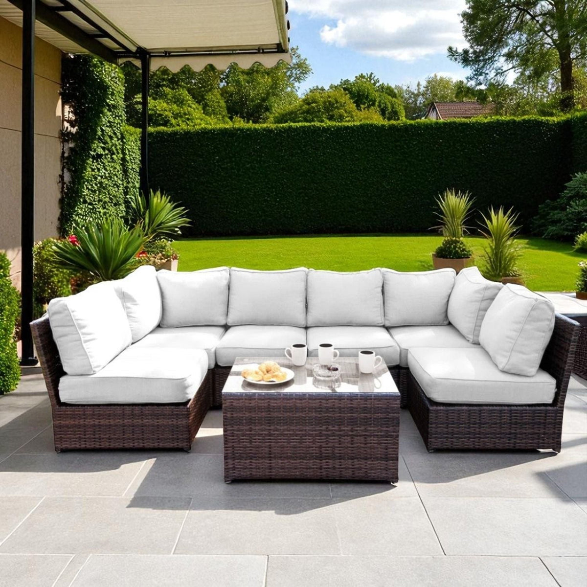 Modern Patio Rattan Sectional Set with Cushions - Multiple Colors