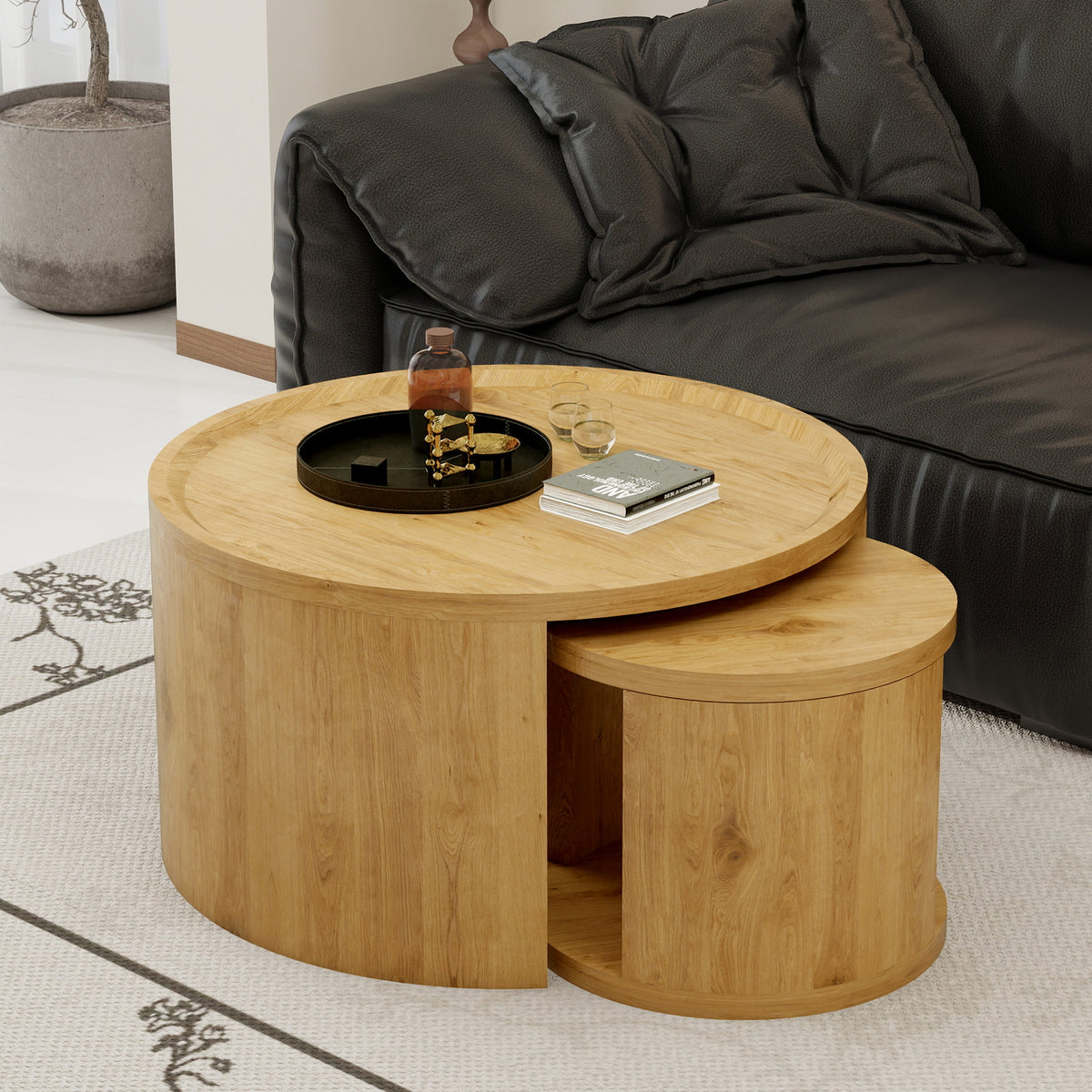 Modern Round Nesting Coffee Table Set of 2 with Wood Tops