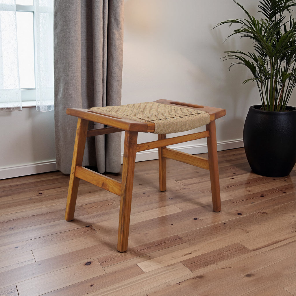Rustic Solid Wood Loom Stool with Durable Paper Rope Seat - Natural