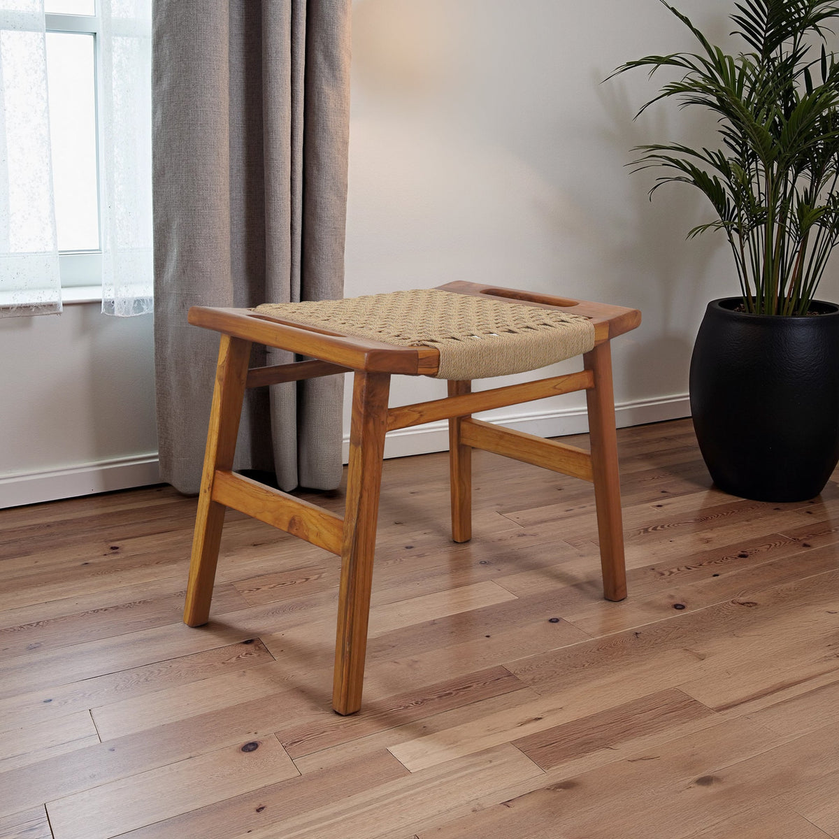 Rustic Solid Wood Loom Stool with Durable Paper Rope Seat - Natural