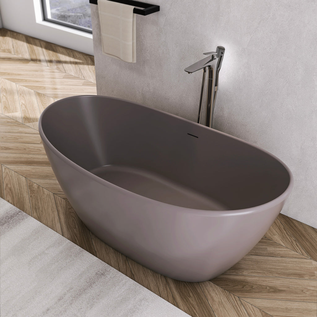 61 Inch Freestanding Solid Surface Soaking Bathtub with Matte Finish - Cream
