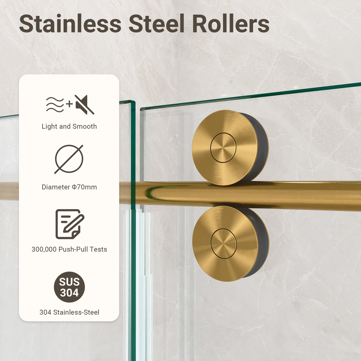 Frameless Sliding Shower Door with Quiet Rollers - Brushed Gold