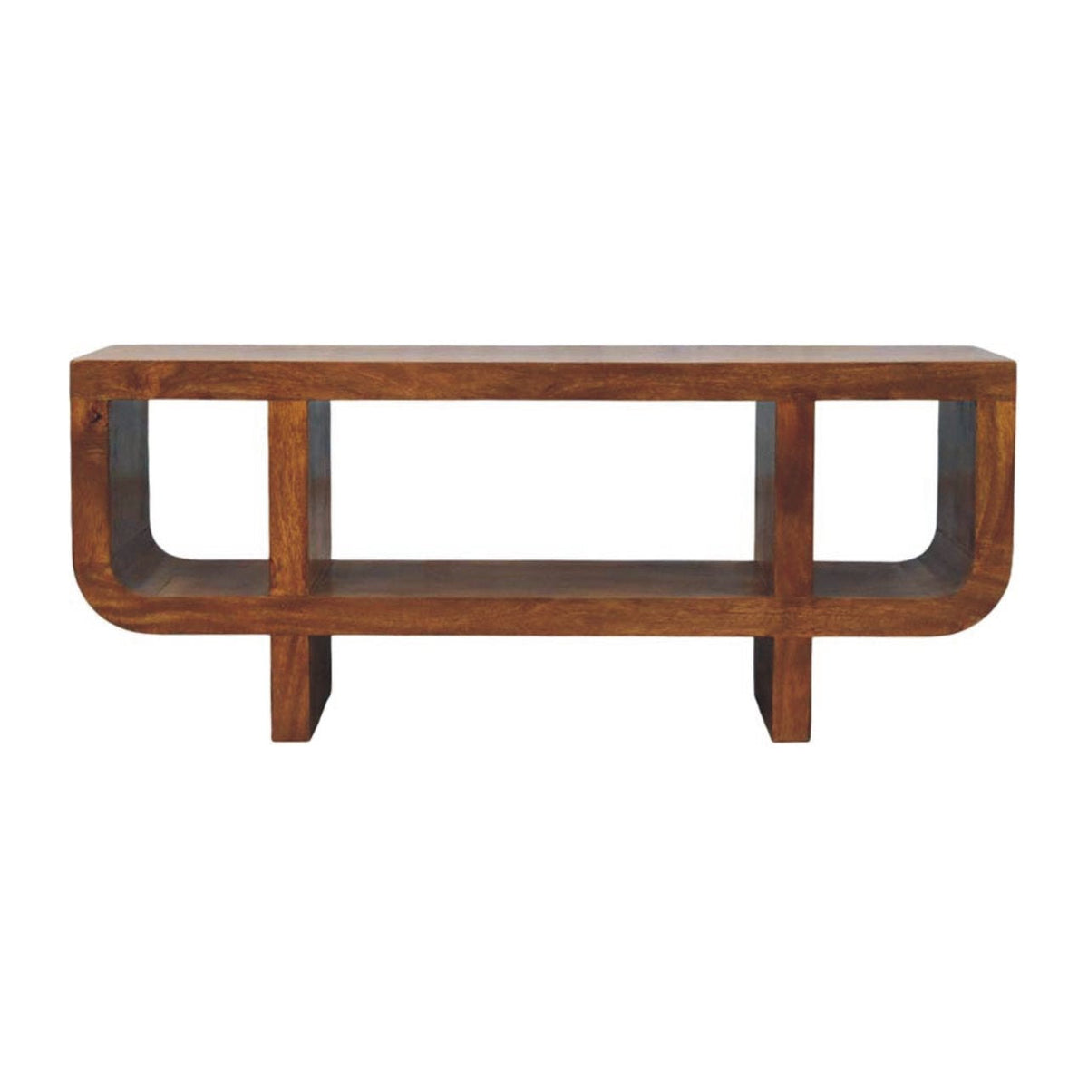 Solid Wood Orion Curved Media Unit with Open Shelves - Chestnut Finish