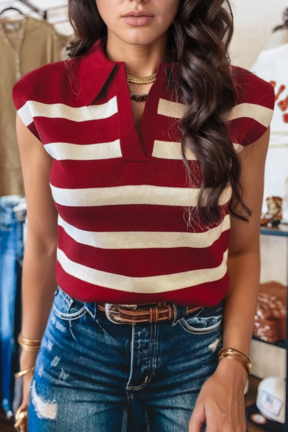 Collared Neck Striped Sweater Vest