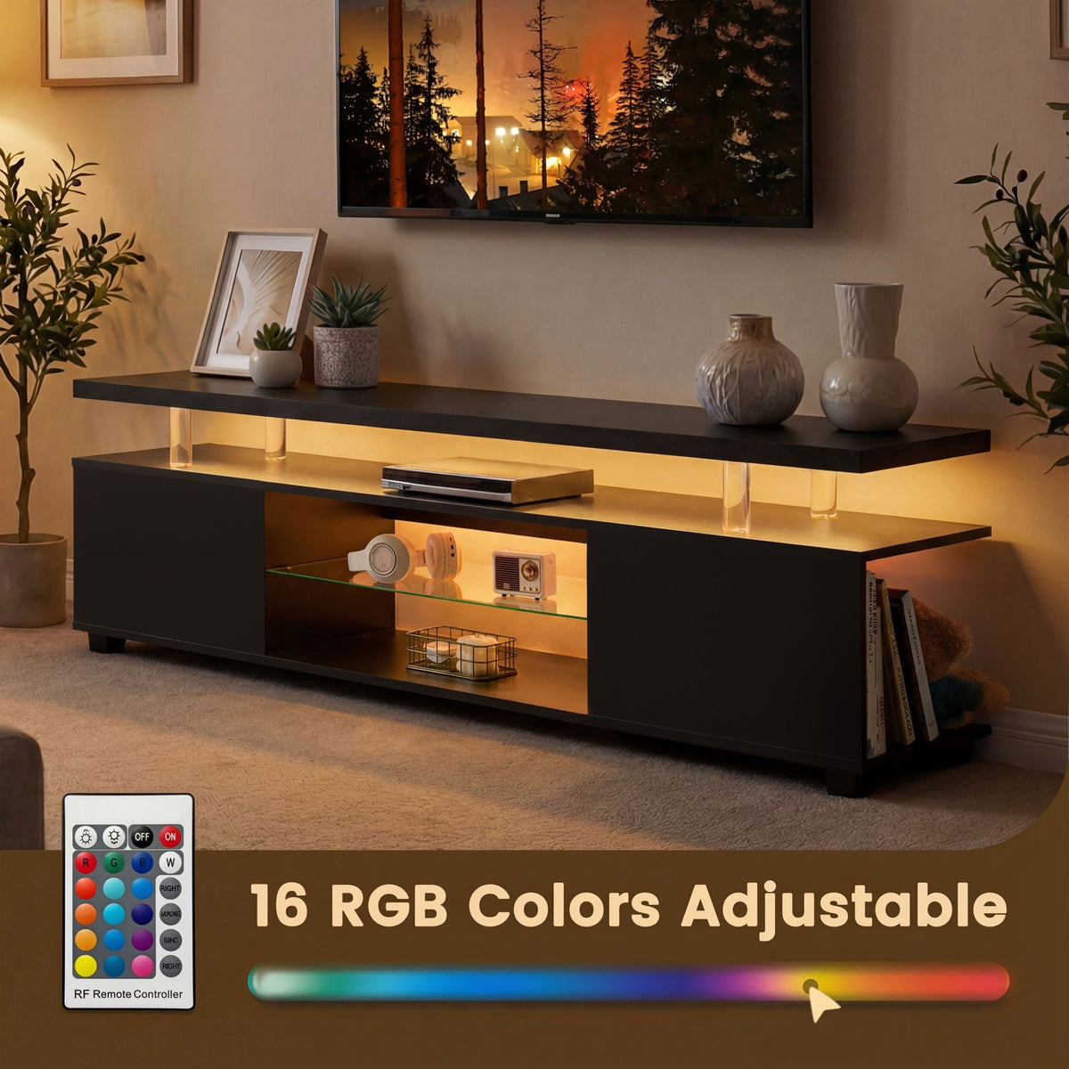 TV Stand with LED and Large Side Cabinet - White, Black, or Gray