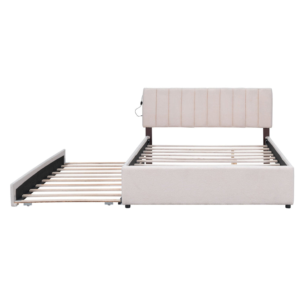 Upholstered Platform Bed With Trundle and LED Lights - Full or Queen