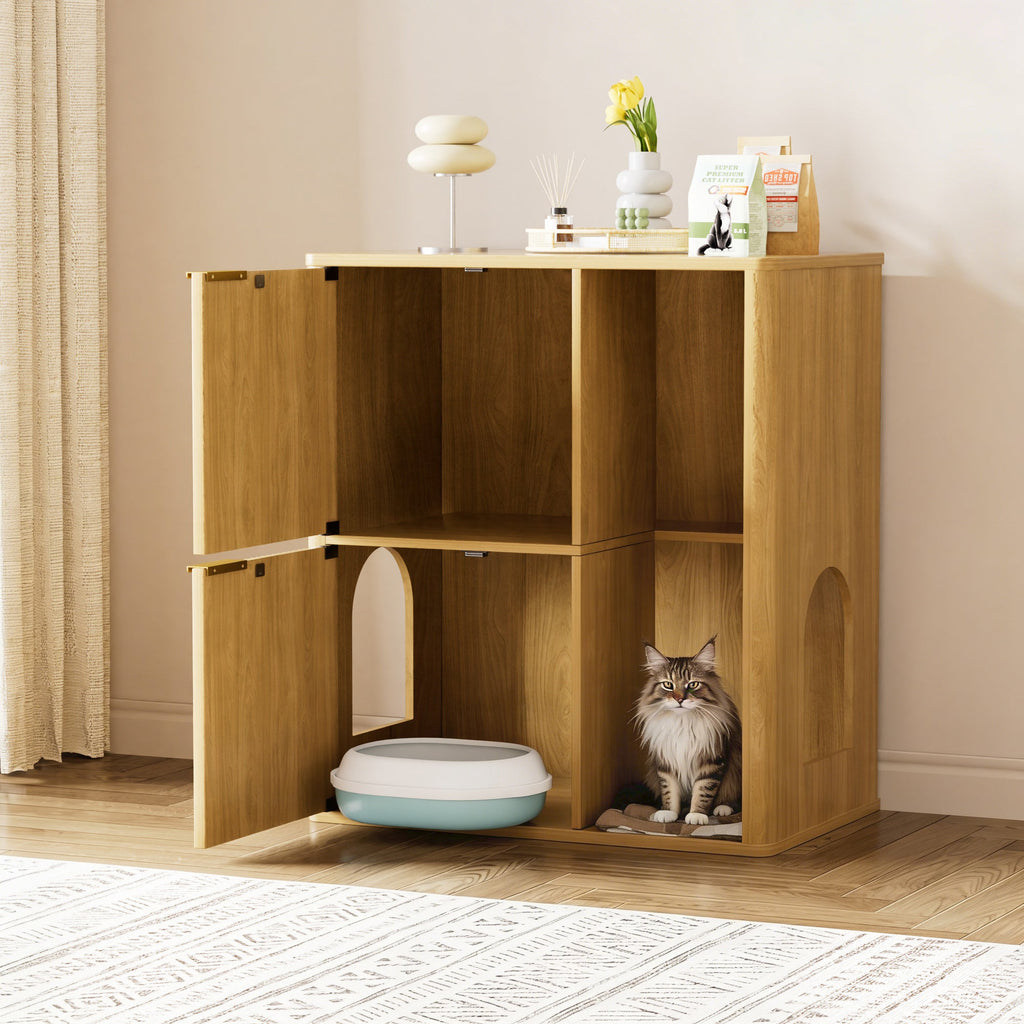 Light Wood Cat Litter Cabinet with Cat Tree