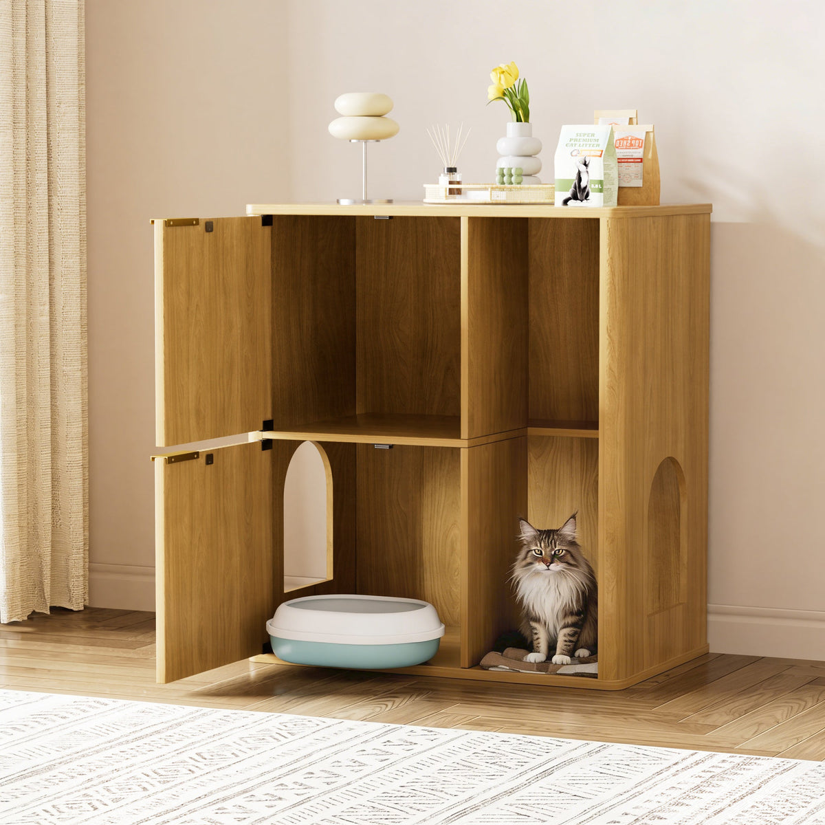 Light Wood Cat Litter Cabinet with Cat Tree
