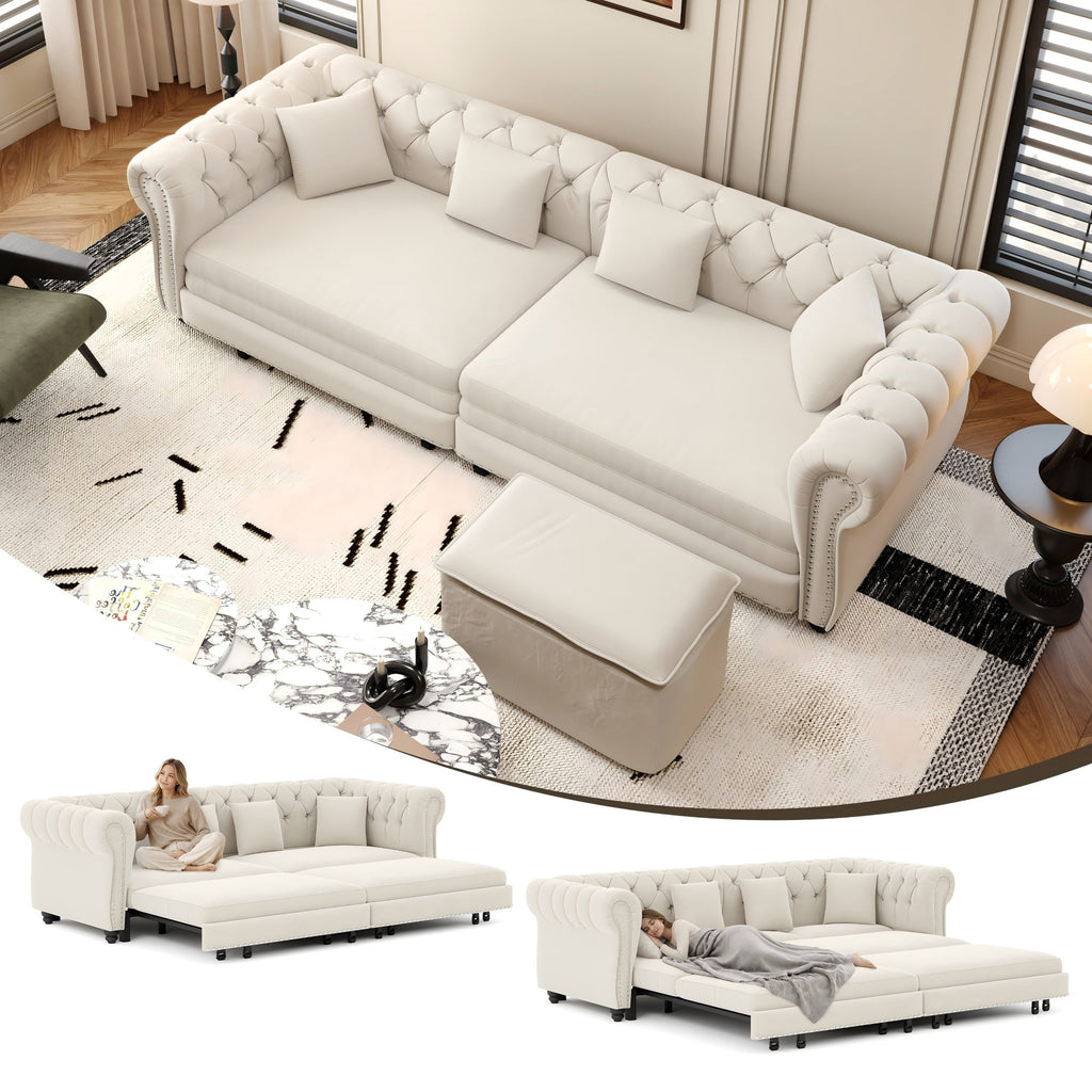 Chesterfield 3-in-1 Pull-Out Sofa Bed with Ottoman - Velvet