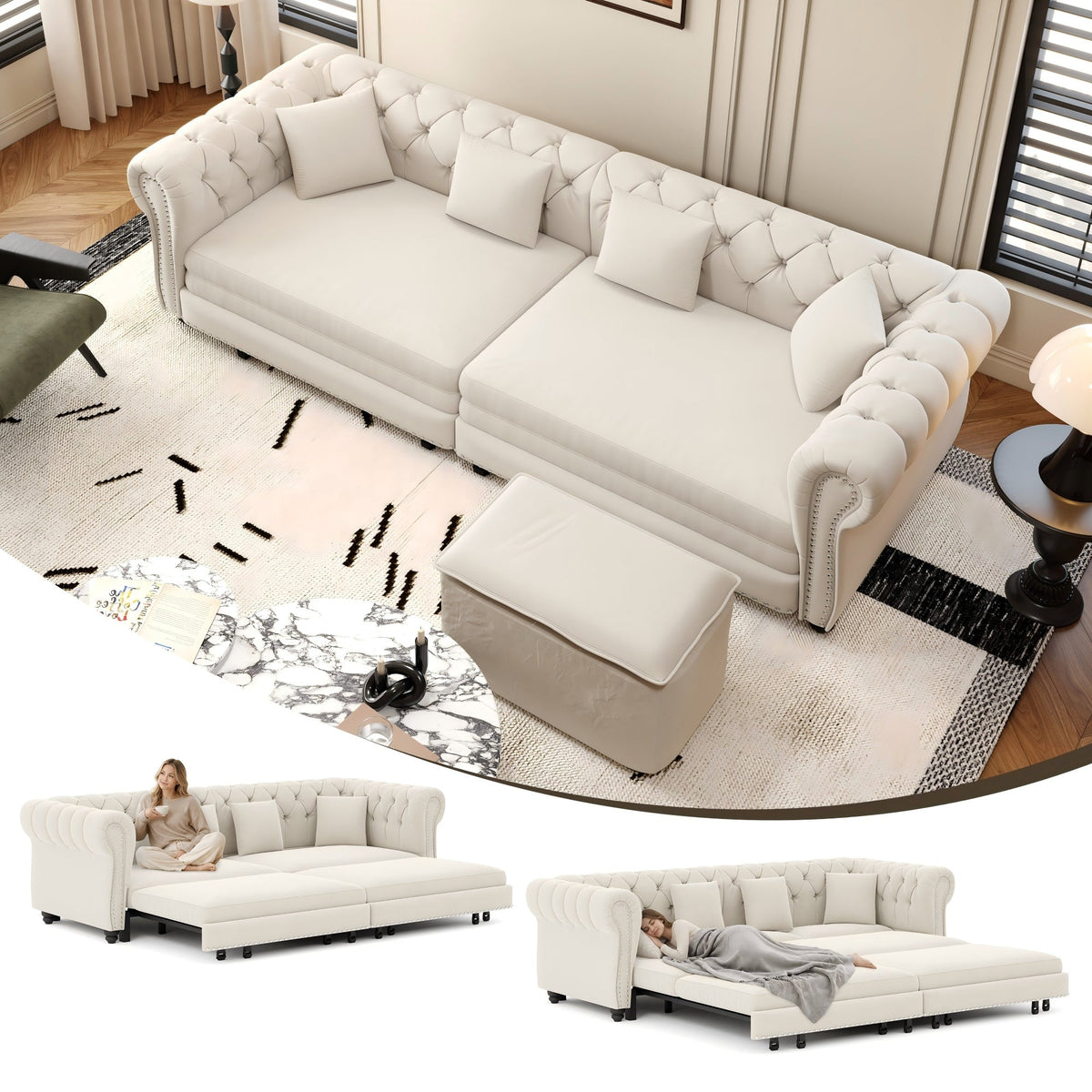 Chesterfield 3-in-1 Pull-Out Sofa Bed with Ottoman - Velvet