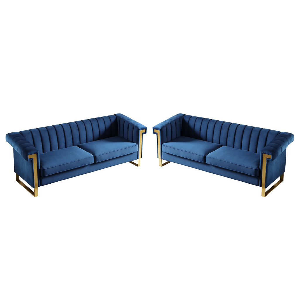 Vintage Blue Velvet 2 Piece Sofa Set with Channel Tufted Backrest - Blue